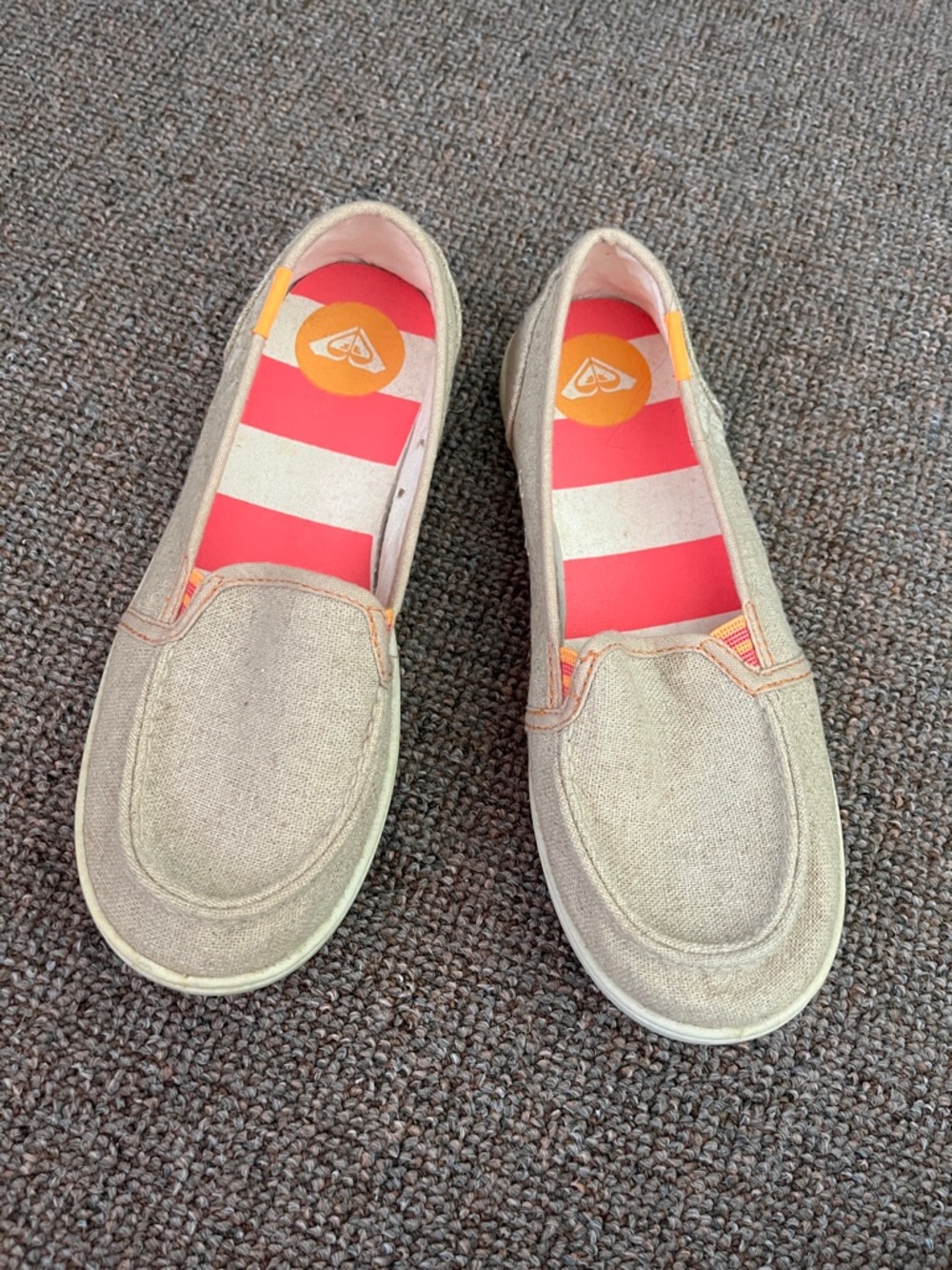Roxy Beige Canvas Slip-On Shoes with Pink and Orange Striped Insole